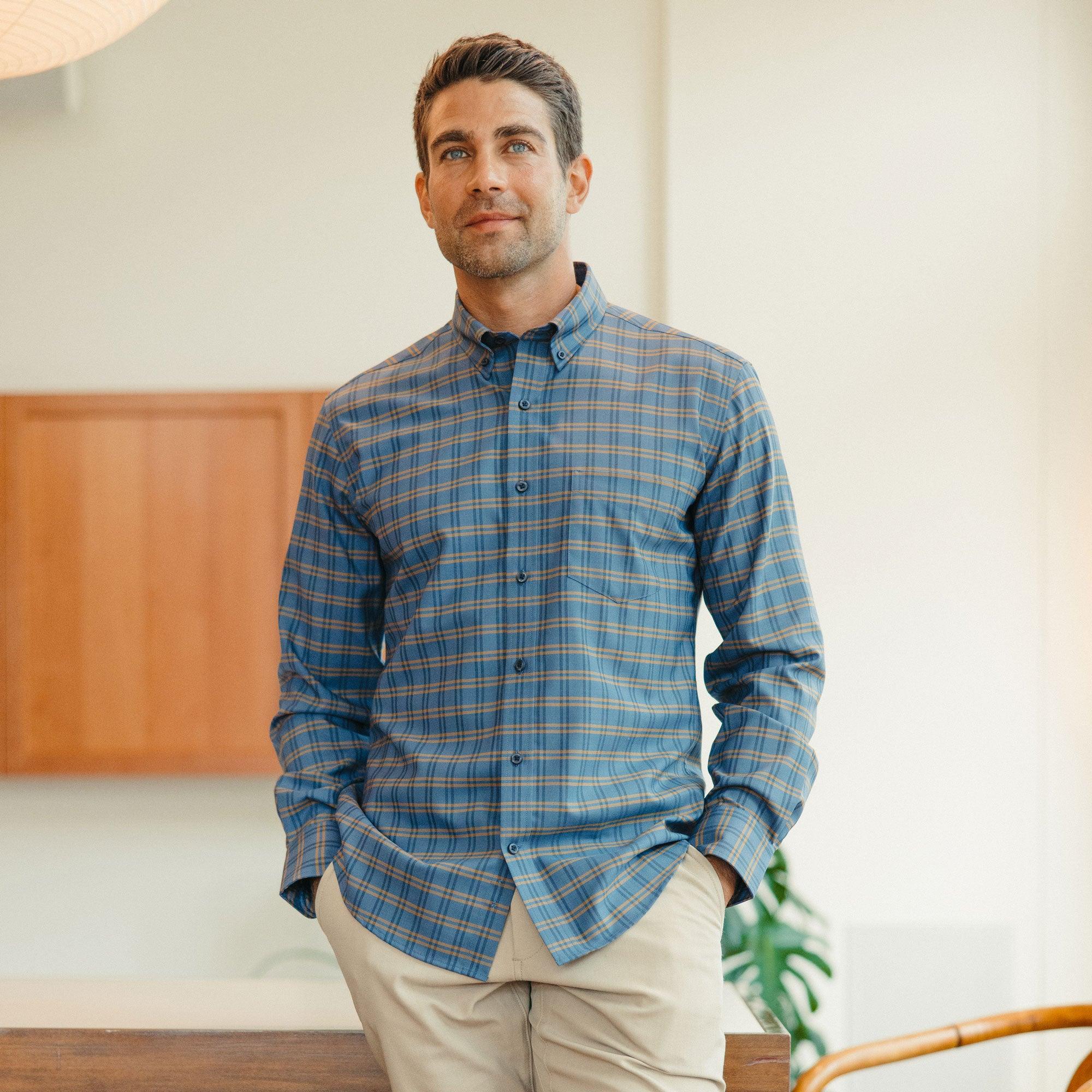 Merino Wool Button-Down Shirt | Navy/Ochre Plaid Product Image