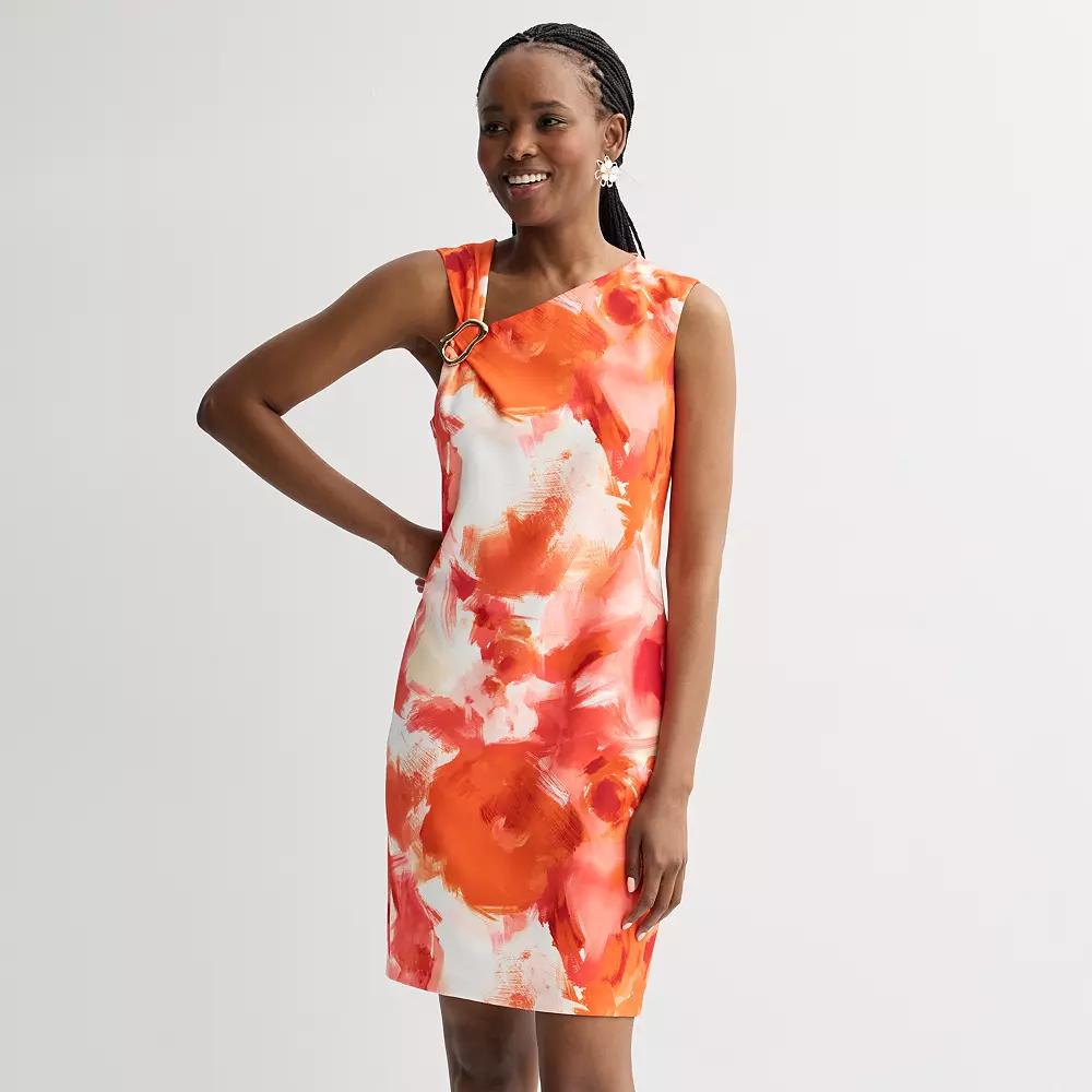 Women's Donna Ricco Sleeveless Asymmetrical Hardware Midi Dress, Size: 16, Orange Print Product Image