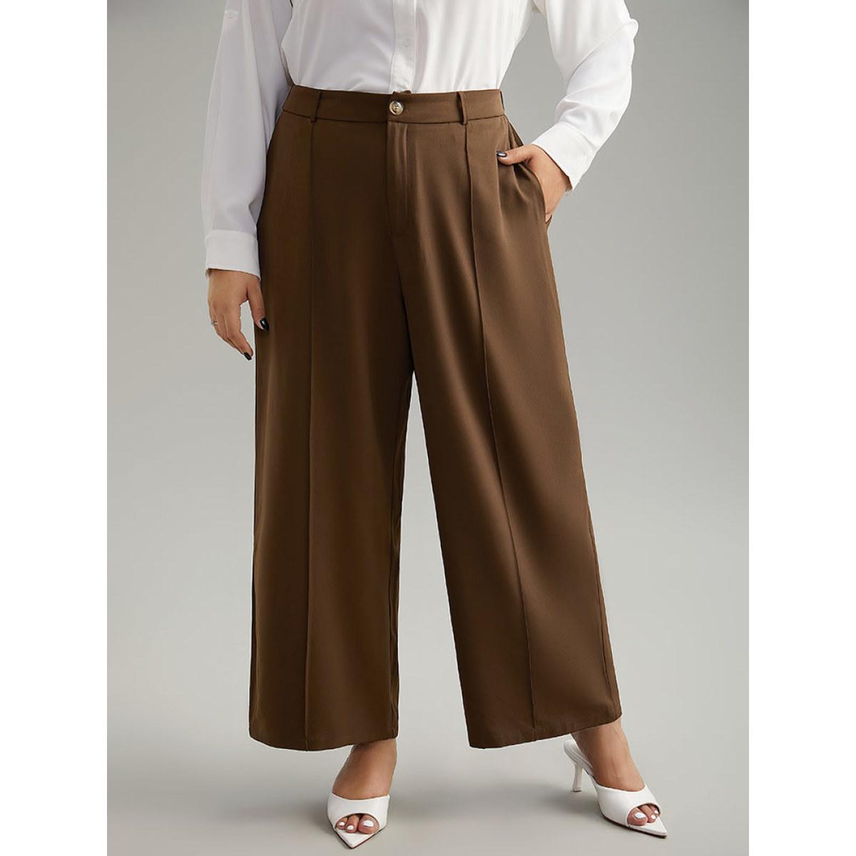 Plus Size Static-Free Plain Pocket Pleated Pants Women DarkBrown Office Straight Leg High Rise Office Pants BloomChic 28/5X Product Image