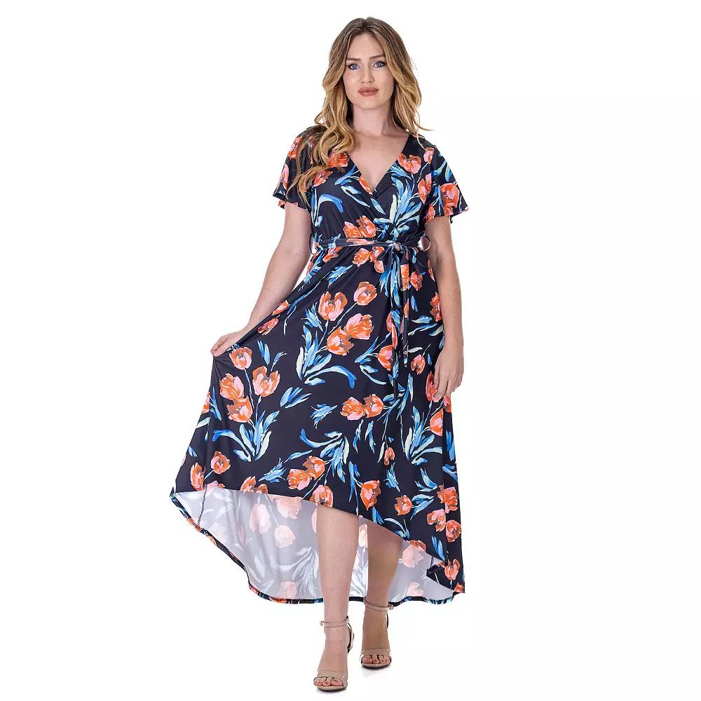 Women's 24Seven Comfort Apparel V Neck Belted High Low Faux Wrap Dress,  Product Image