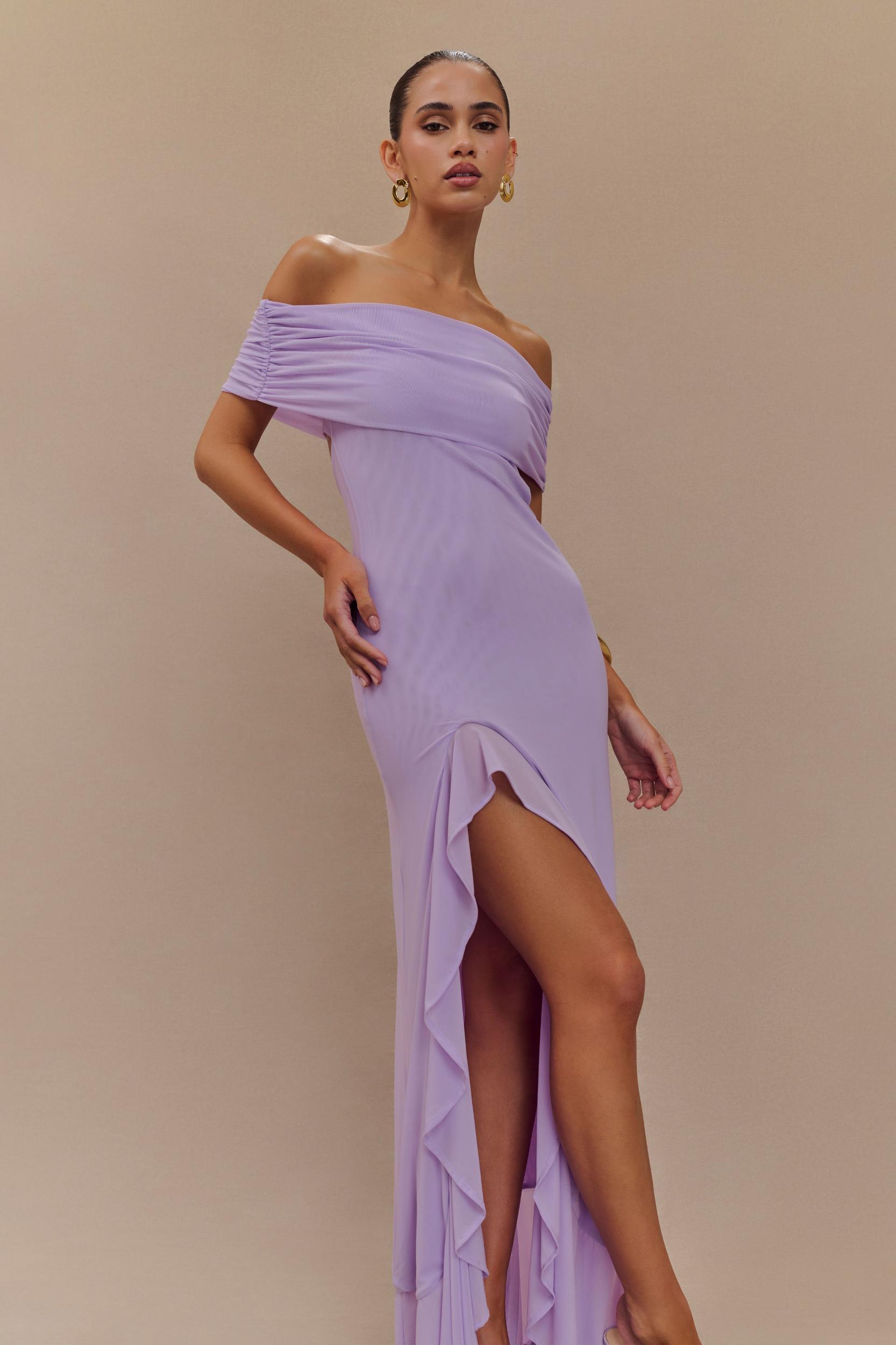 Audrey Off Shoulder Mesh Maxi Dress - Lilac Product Image