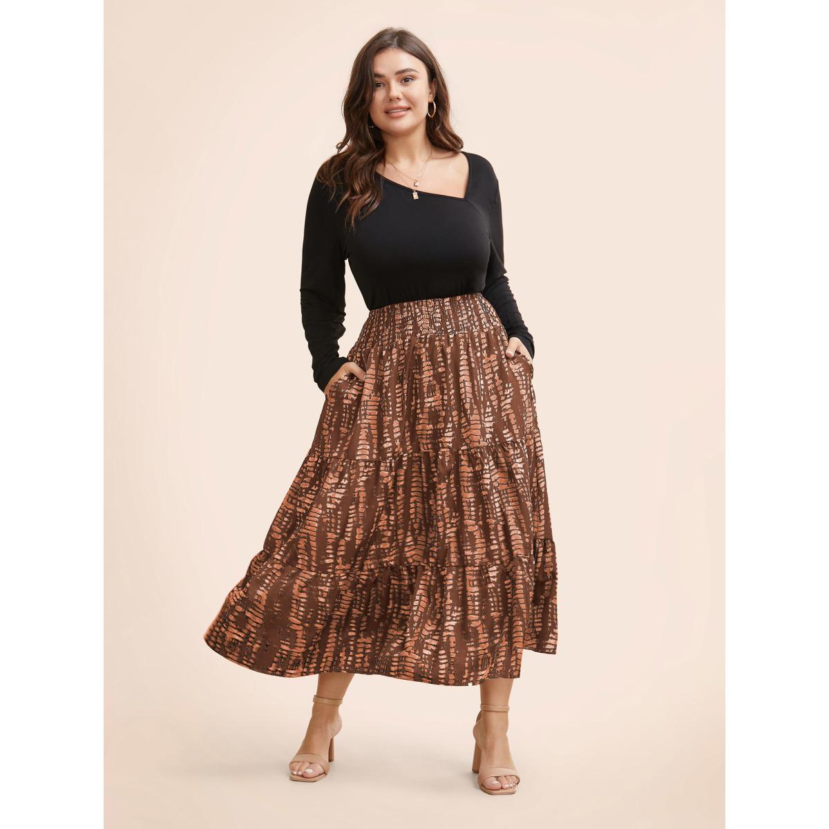 Plus Size Geometric Shirred Ruffle Layered Hem Skirt Women Browncoffeecolor Casual Shirred No stretch Slanted pocket Everyday Skirts BloomChic 28/5X Product Image