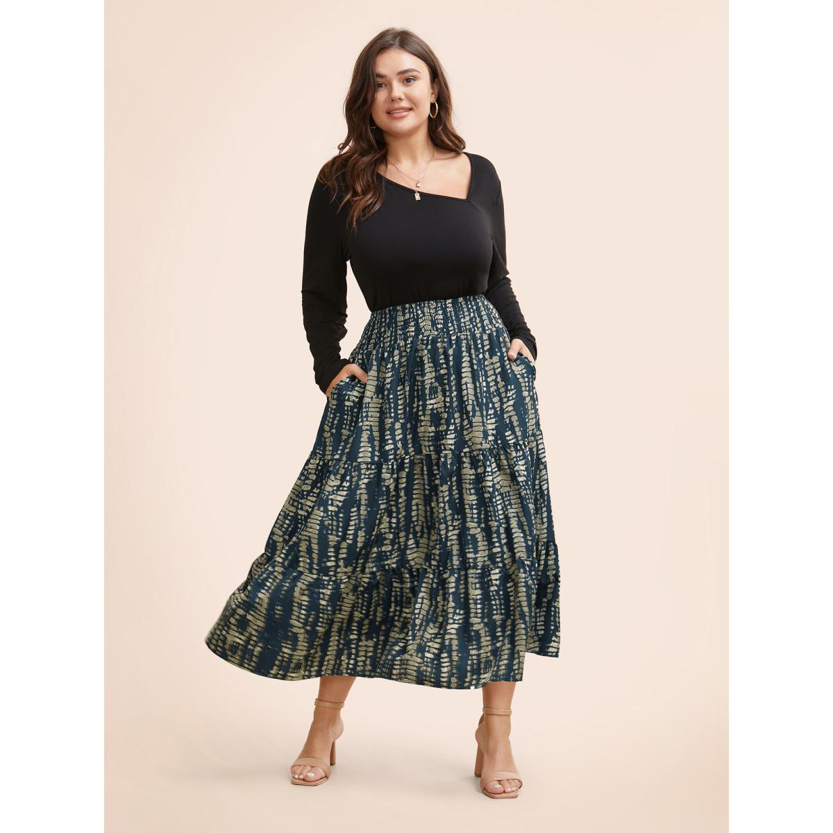 Plus Size Geometric Shirred Ruffle Layered Hem Skirt Women Indigo Casual Shirred No stretch Slanted pocket Everyday Skirts BloomChic 14-16/1X Product Image