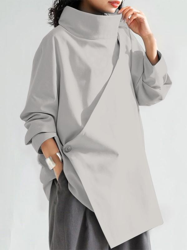 Long Sleeves Loose Solid Color High Neck T-Shirts Tops Product Image