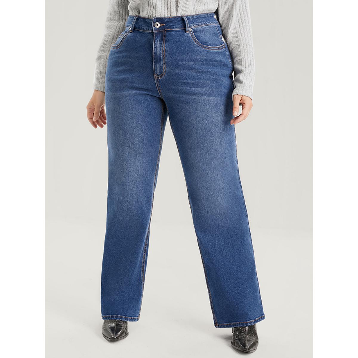 Plus Size Straight Moderately Stretchy High Rise Dark Wash Sculpt Waist Jeans Women DarkBlue Casual Plain Medium stretch Pocket Jeans BloomChic 22/3X Product Image