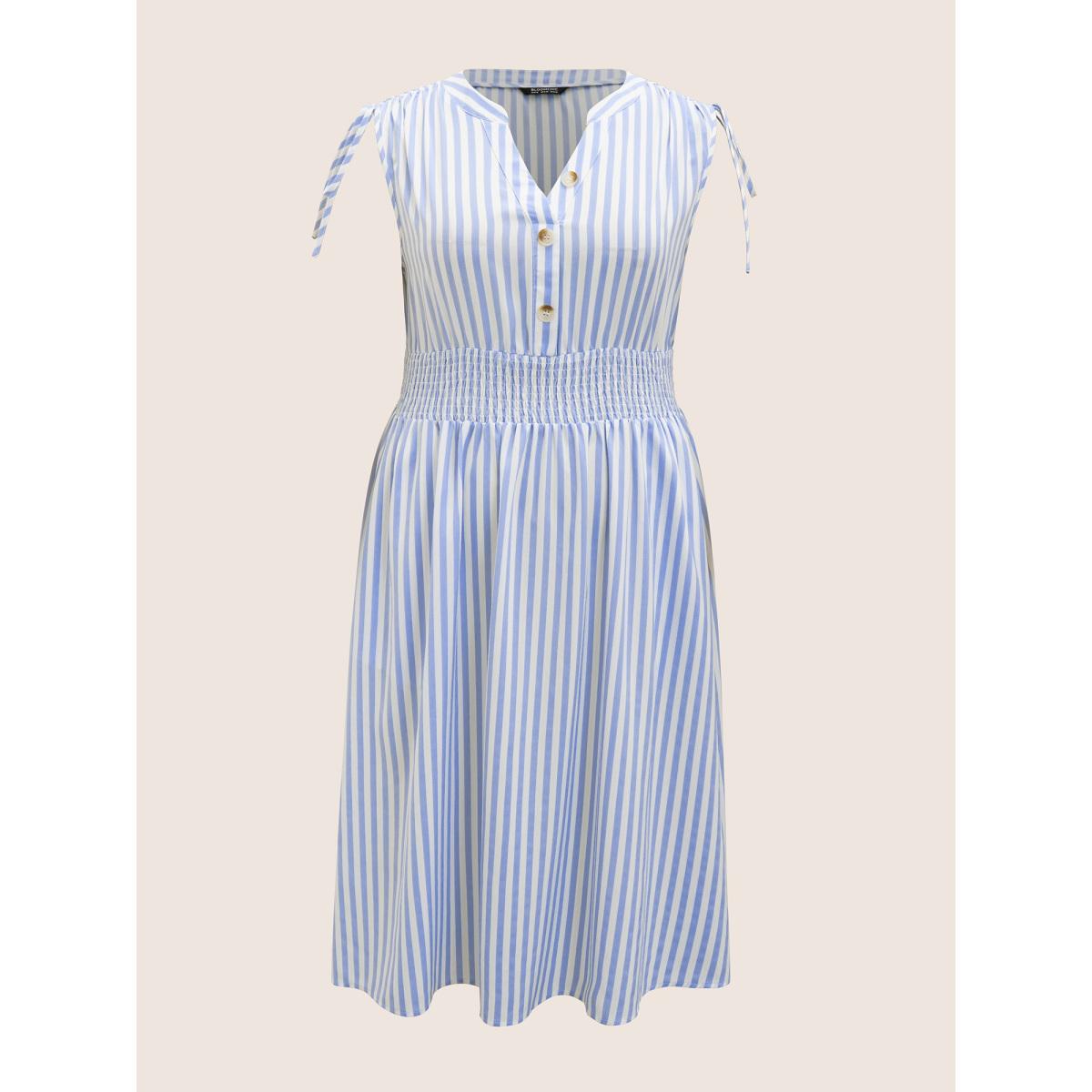 Plus Size Striped Drawstring Shirred Dolman Sleeve Dress Skyblue Women Work From Home Drawstring Flat collar with V-notch Sleeveless Curvy BloomChic 18-20/2X Product Image