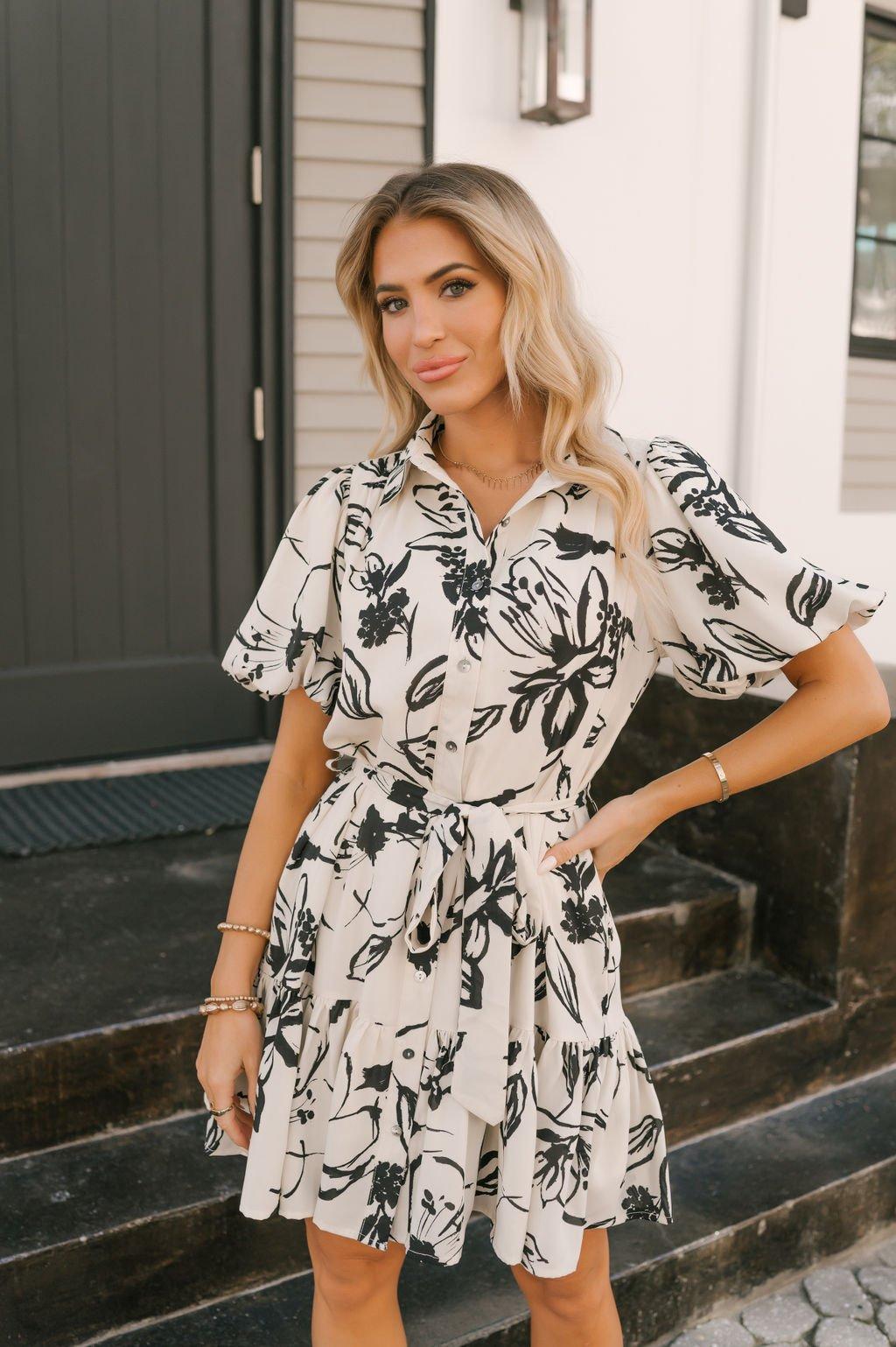 Ivory Puff Sleeve Print Mini Dress - FINAL SALE Product Image