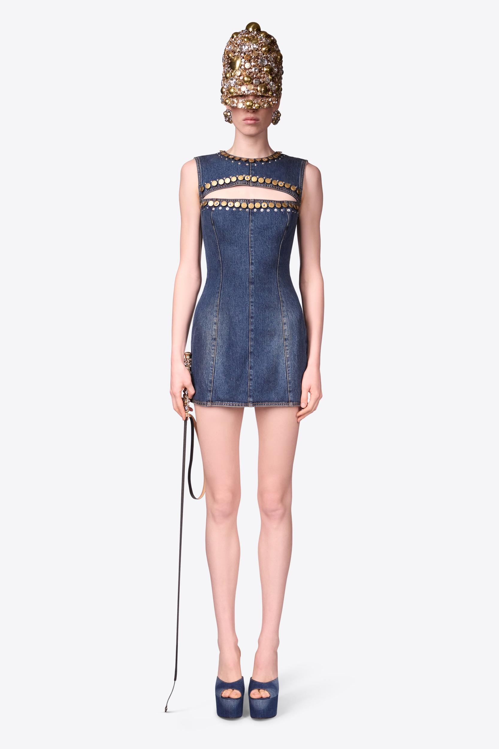 Crystal Button Studded Slit Mini Dress Product Image