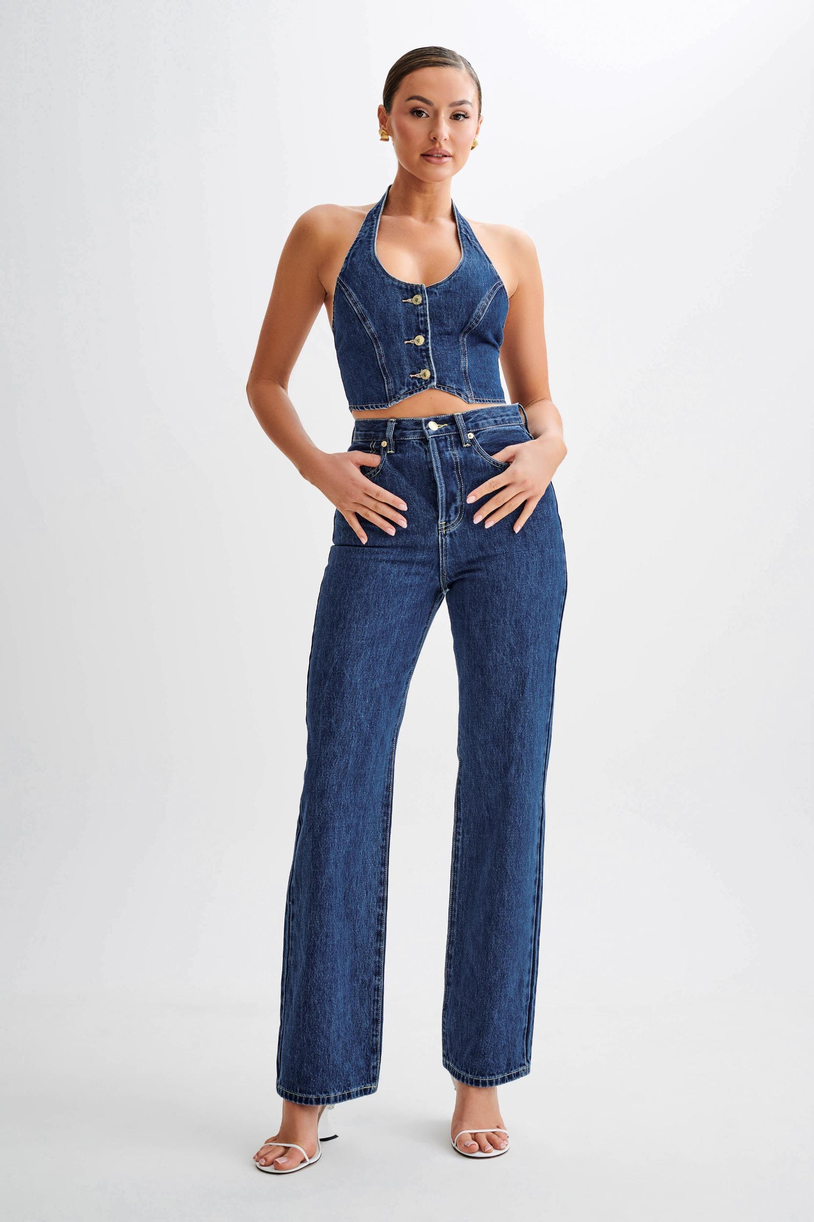 Janine High Waisted Straight Leg Jeans - Dark Blue Product Image