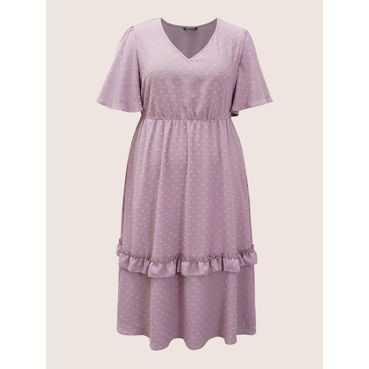 Polka Dot Shirred Plus Size Women Elegance Dress Plain Pocket Ruffle Sleeve Short Sleeve V Neck Pocket Dailywear Midi Dress BloomChic Product Image