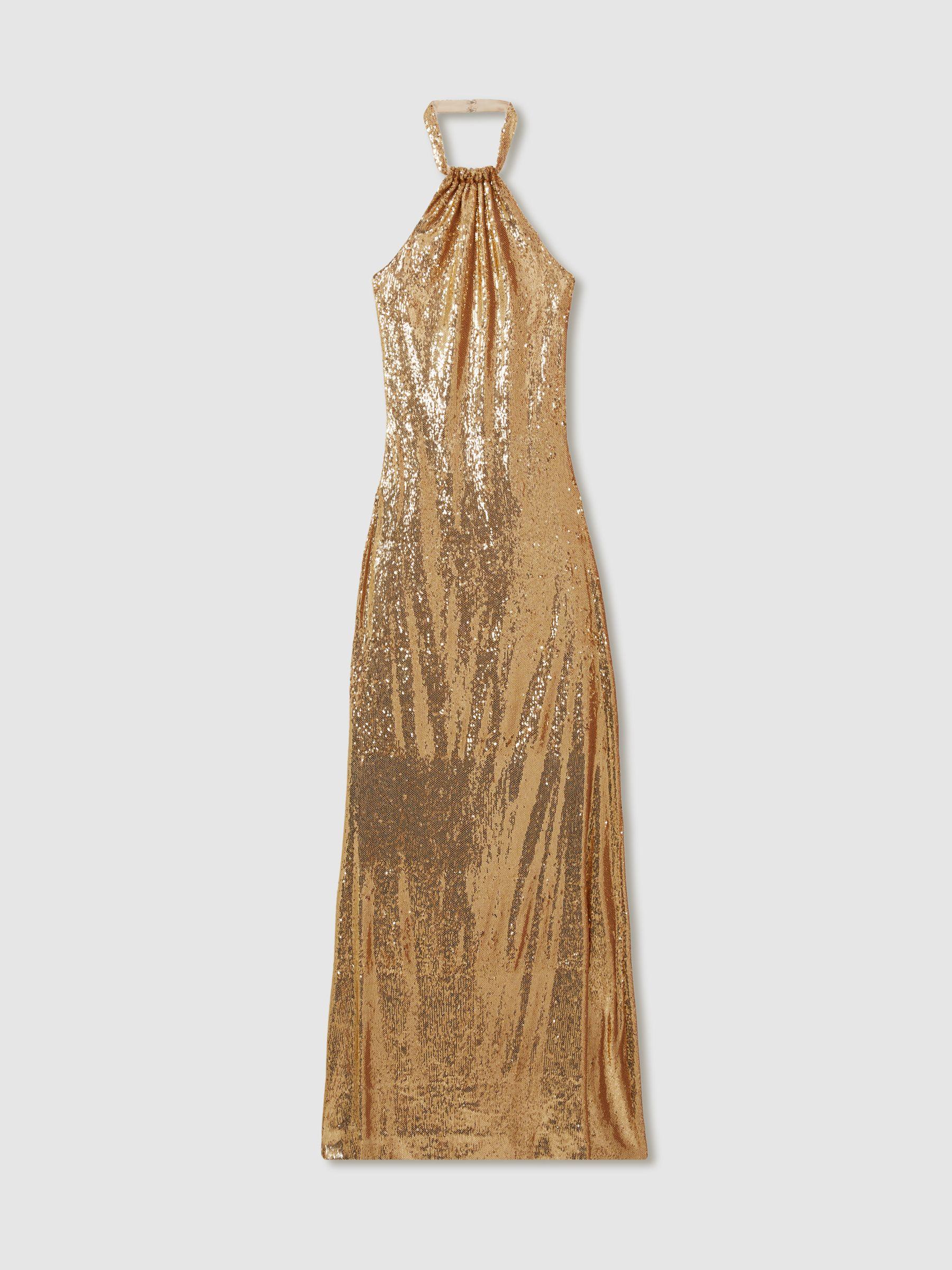 Halston Sequin Halterneck Maxi Dress in Gold Product Image