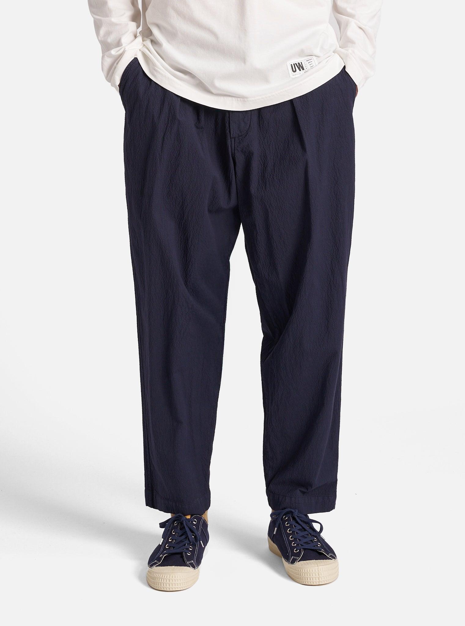 Universal Works Pleated Track Pant in Navy Seersucker II Product Image