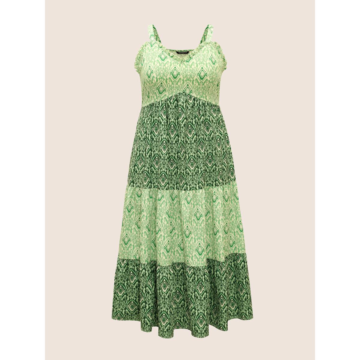 Plus Size Boho Print Frill Trim Ruffle Layered Hem Dress Moss Women Resort V-neck Sleeveless Curvy BloomChic 18-20/2X Product Image