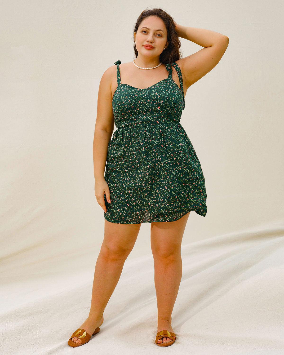 Green Floral Tie Strap Plus Size Mini Dress Product Image