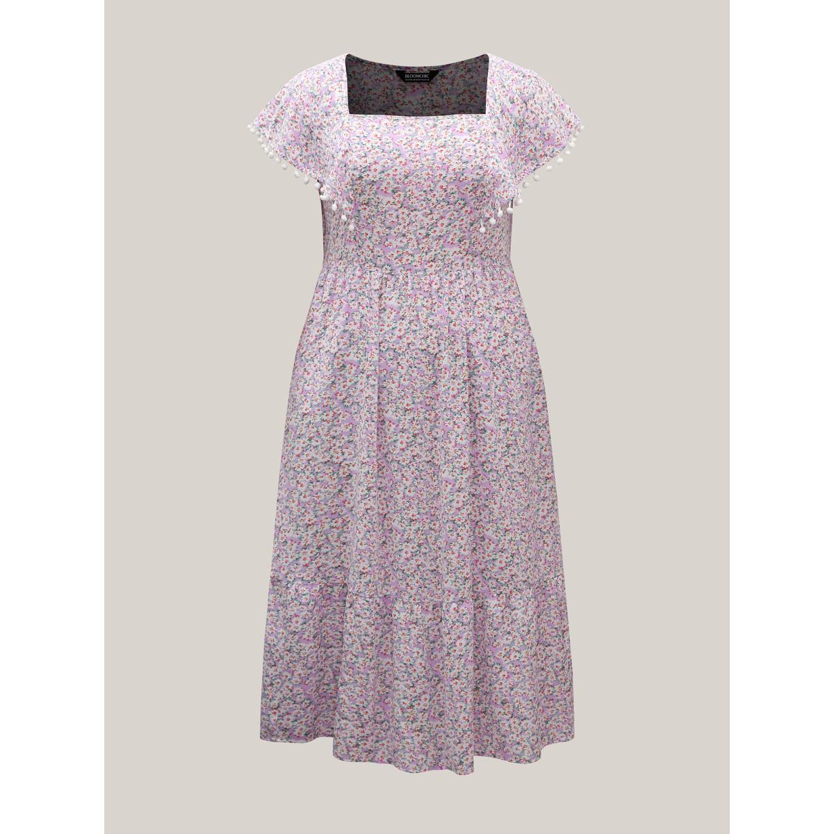 Plus Size Square Neck Floral Print Tassels Tiered Midi Dress Lavender Women Elegant Woven ribbon&lace trim Square Neck Short sleeve Curvy BloomChic 14-16/1X Product Image