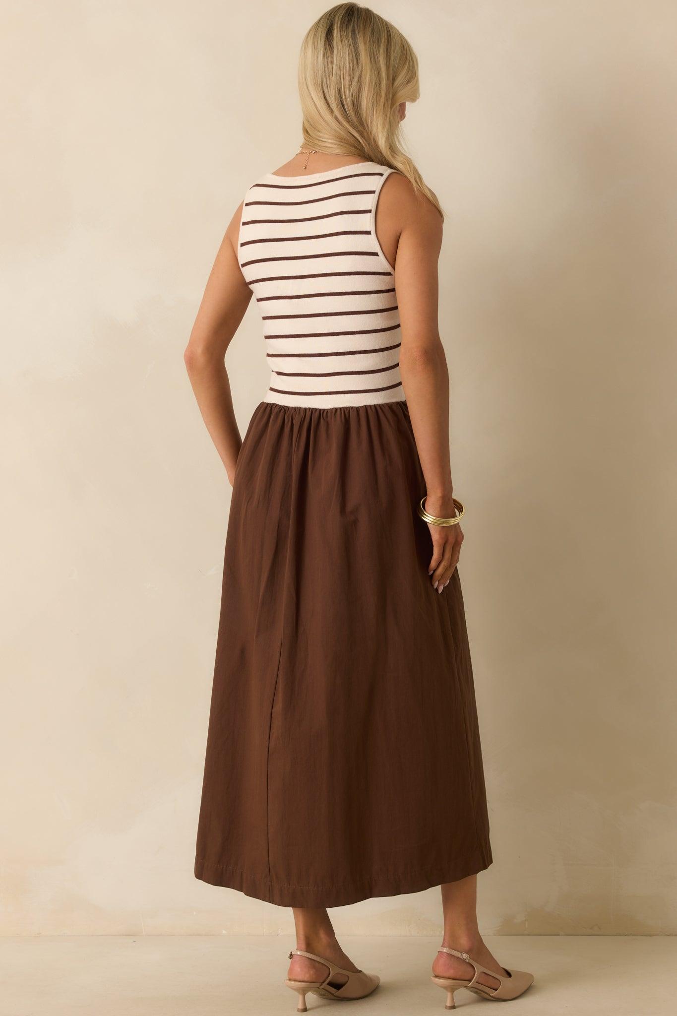 It's In The Books Brown Stripe Knit Bodice Maxi Dress Product Image