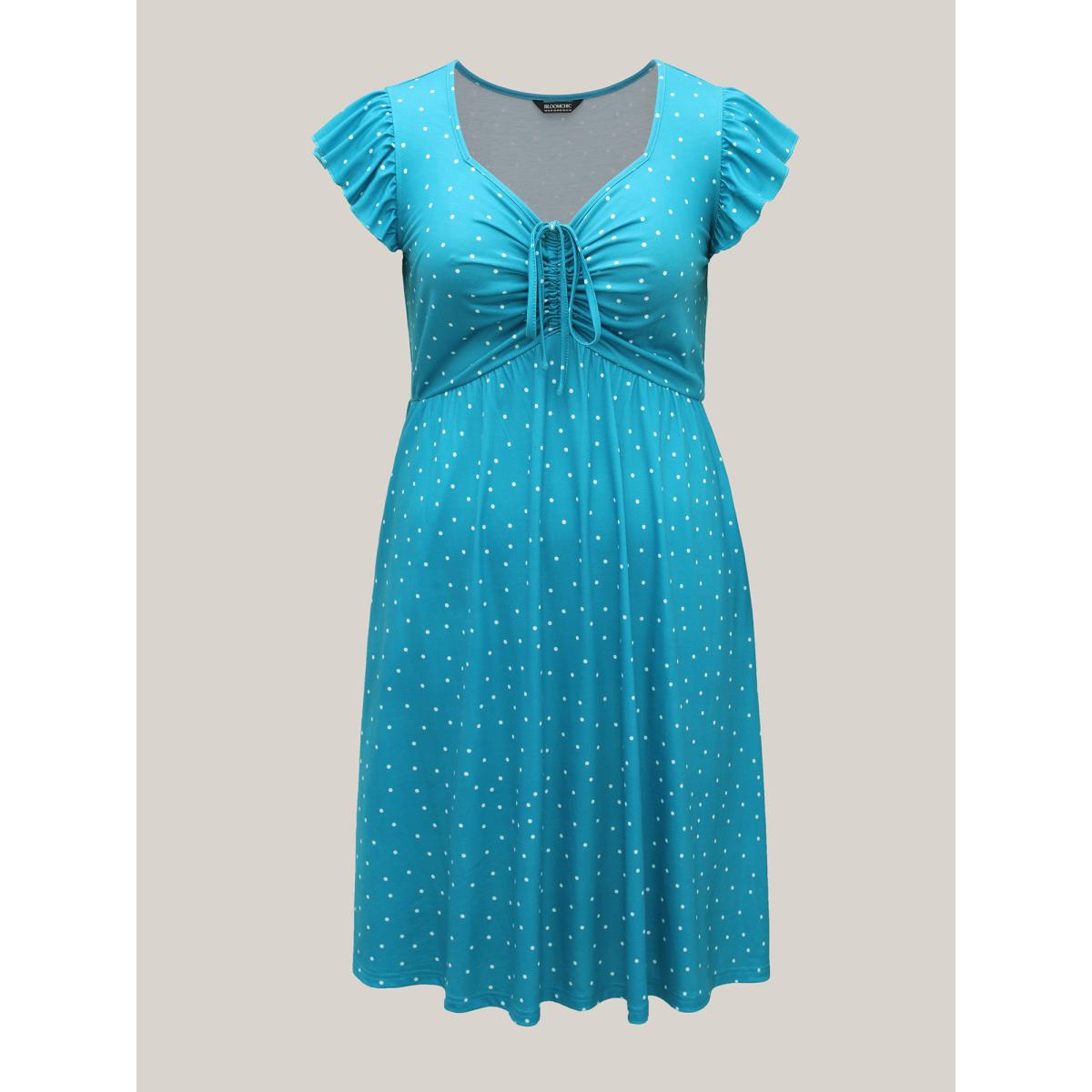 Plus Size Dot Print Ruched Drawstring Midi Dress Cerulean Women Leisure Heart neckline Short sleeve Curvy BloomChic 14-16/1X Product Image