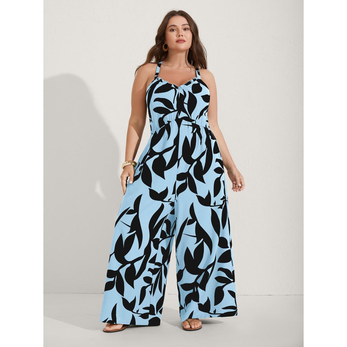 Plus Size LightBlue Silhouette Floral Print Sweetheart Jumpsuit Women Resort Sleeveless V-neck Vacation Loose Jumpsuits BloomChic 26/4X Product Image
