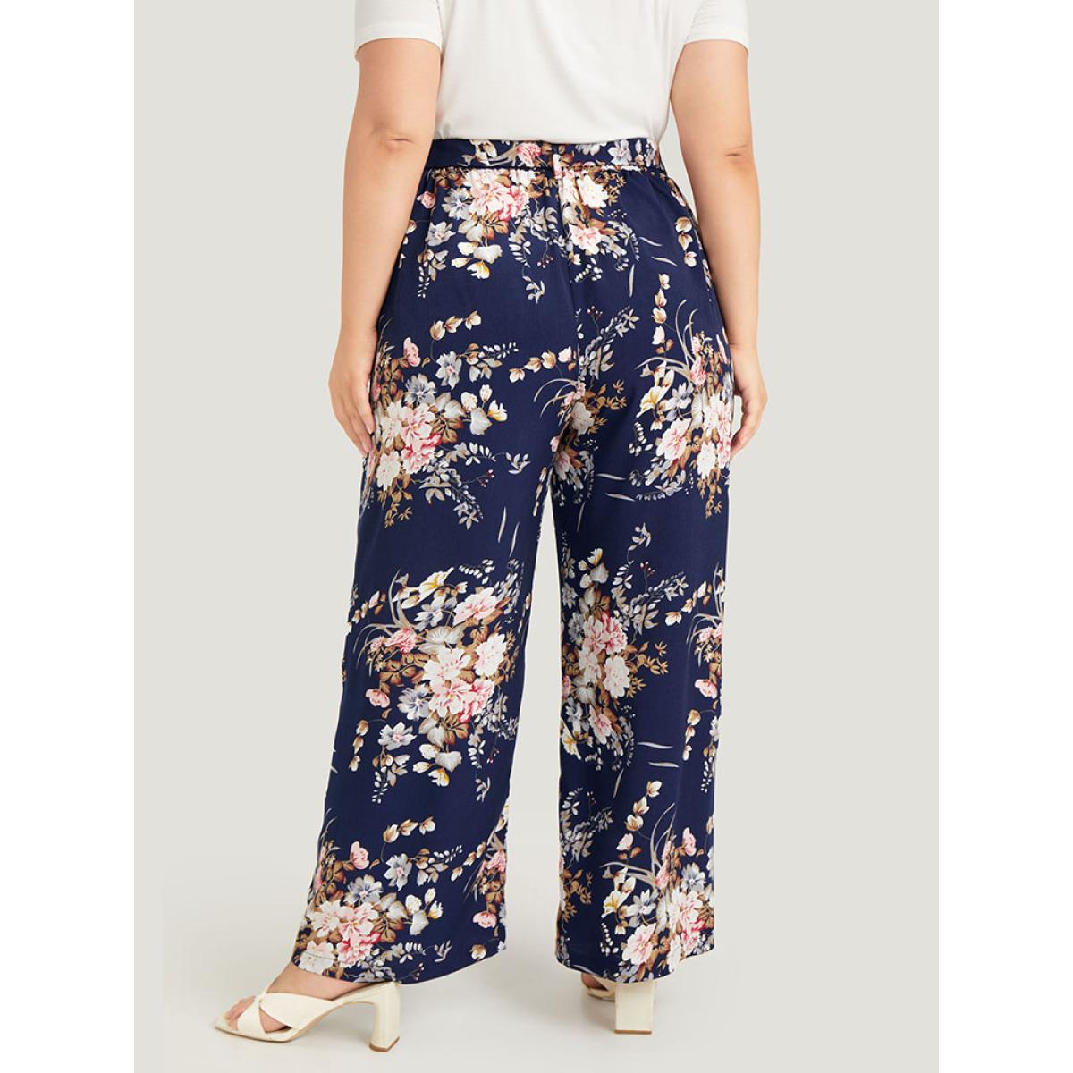 Plus Size Floral Pocket High Rise Wide Leg Belt Pants Women Indigo Elegant Loose High Rise Dailywear Pants BloomChic 14-16/1X Product Image