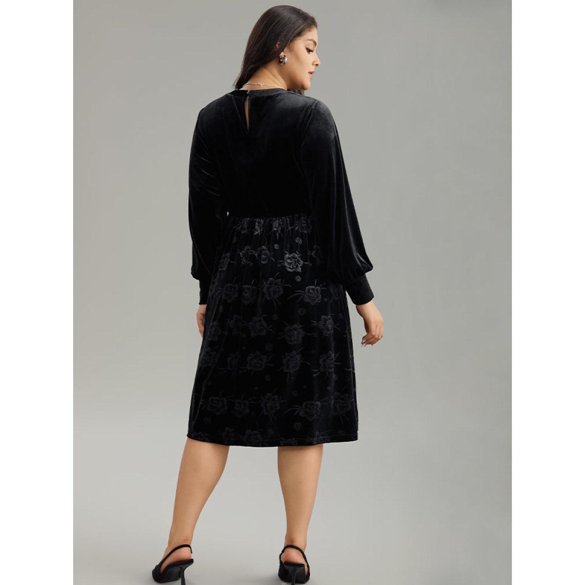 Plus Size Solid Velvet Button Detail Pocket Dress Black Women Office Plain Round Neck Long Sleeve Curvy Midi Dress BloomChic 18-20/2X Product Image