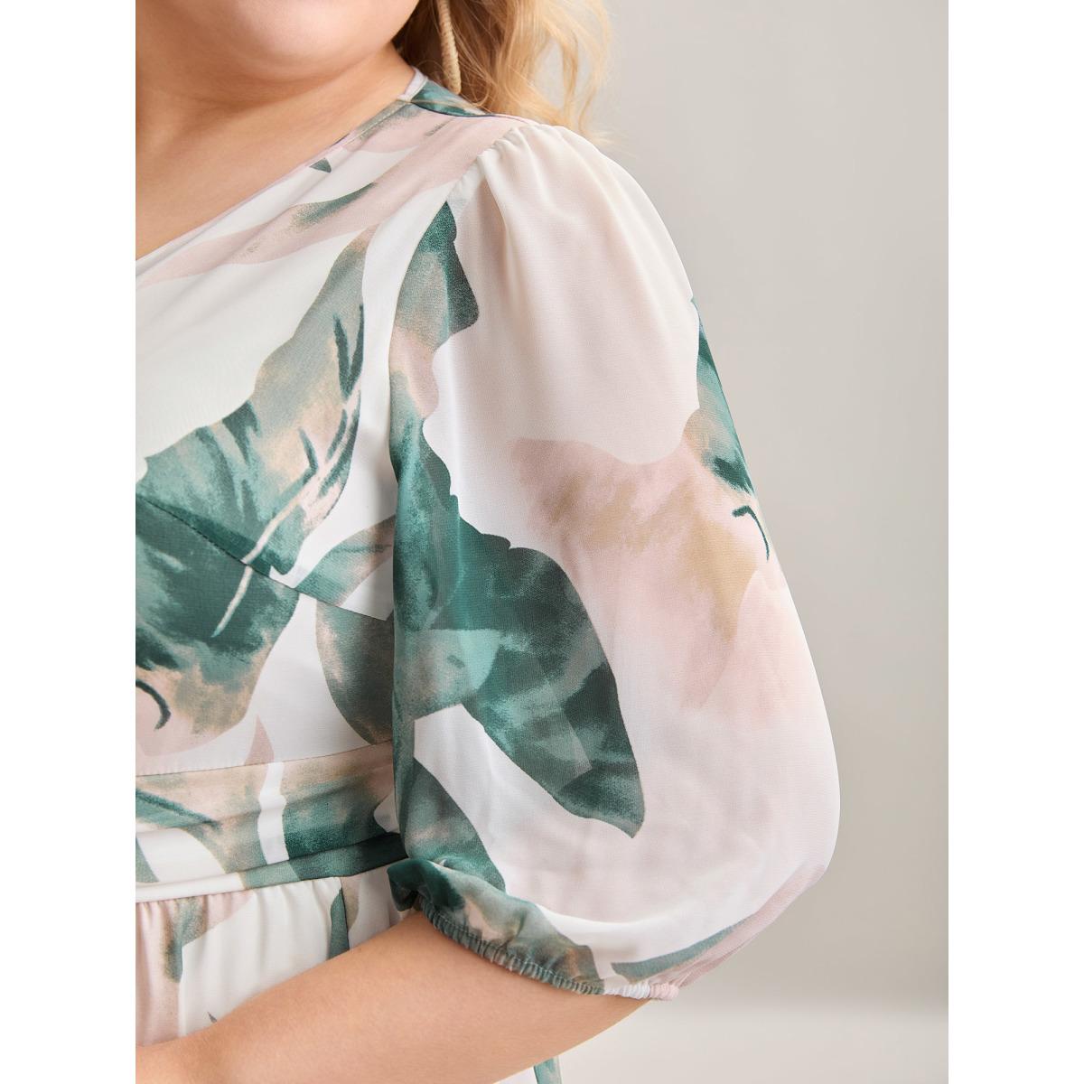 Plus Size Sheer Chiffon Shirred Pockets Midi Dress Malachitegreen Women Resort Gathered V-neck Elbow-length sleeve Curvy BloomChic 28/5X Product Image