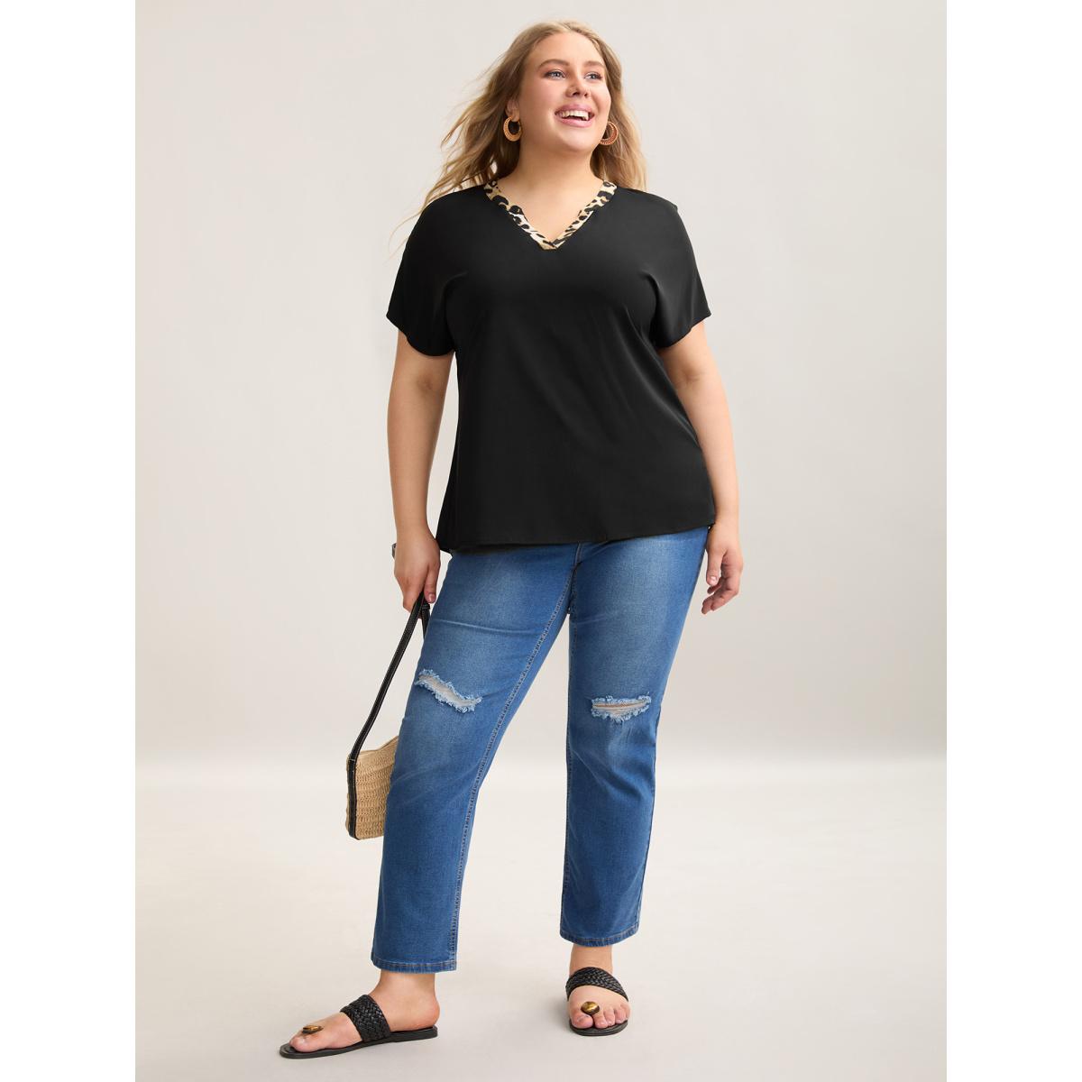 Plus Size Black Leopard Print Spliced Plain Blouse Women Office Sleeveless Non Vacation Blouses BloomChic 12/L Product Image