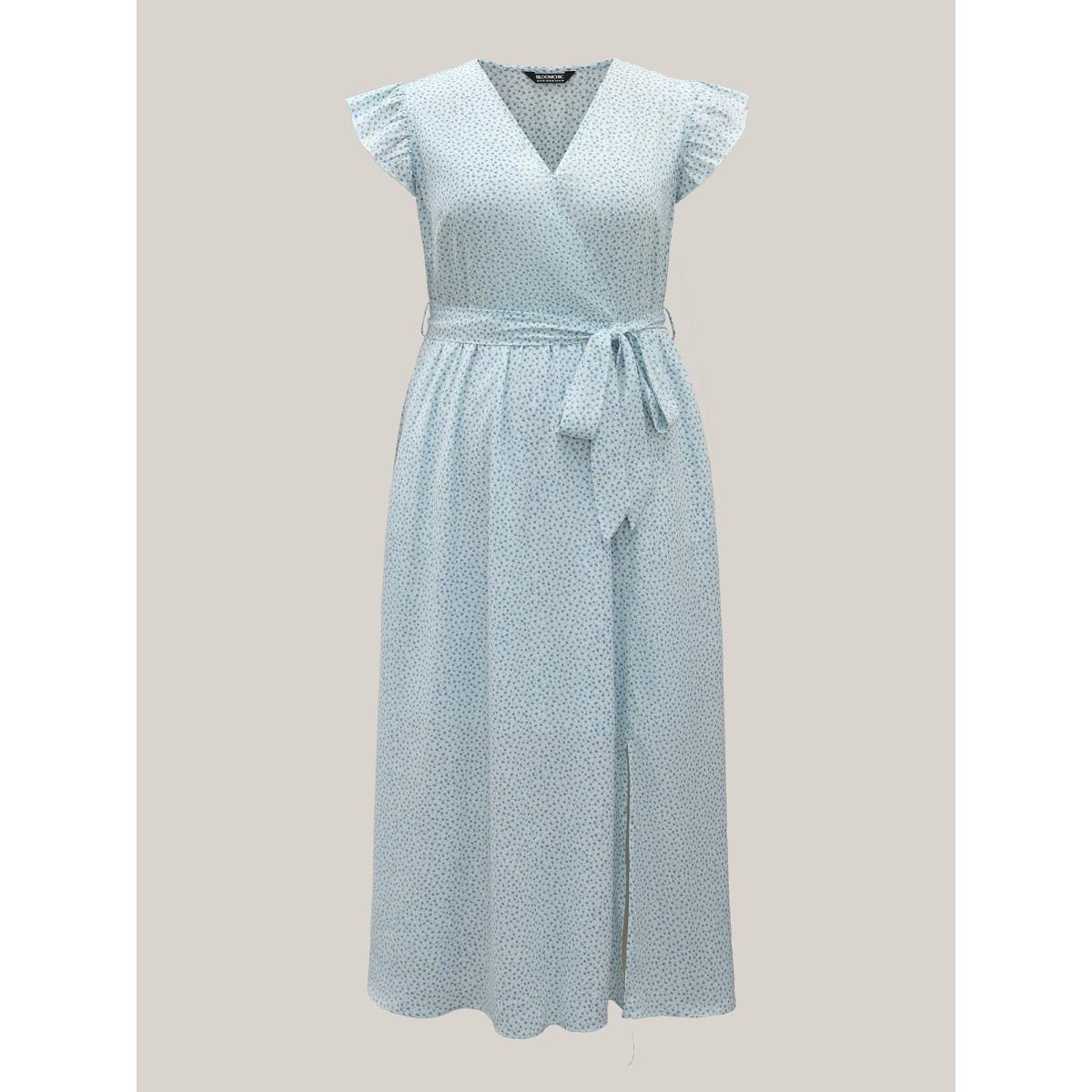 Plus Size Floral Print Slit Belted Maxi Dress LightBlue Women Overlap Collar Cap Sleeve Curvy BloomChic 30/6X Product Image