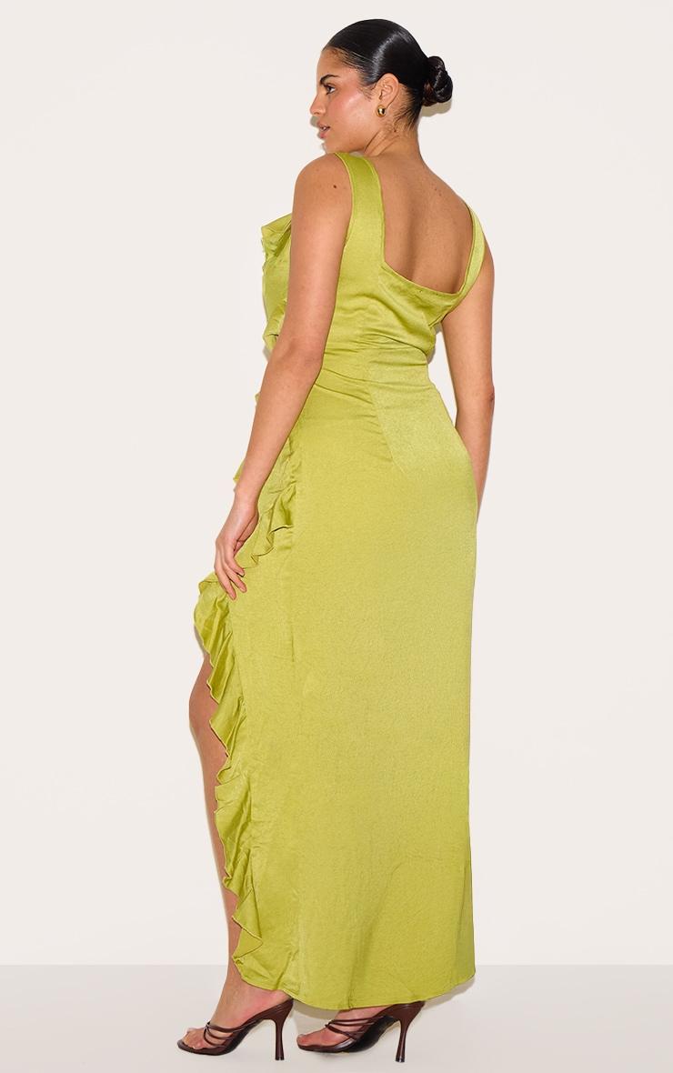 Plus Olive Satin Frill Layered Maxi Dress Product Image