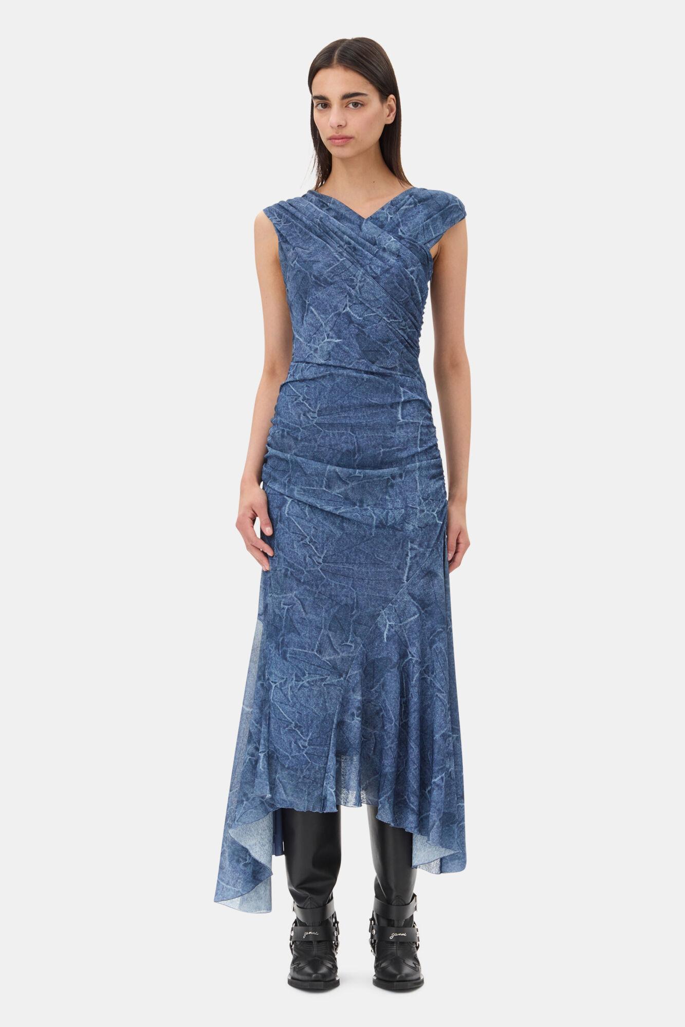 Blue Mesh Ruched Dress Product Image