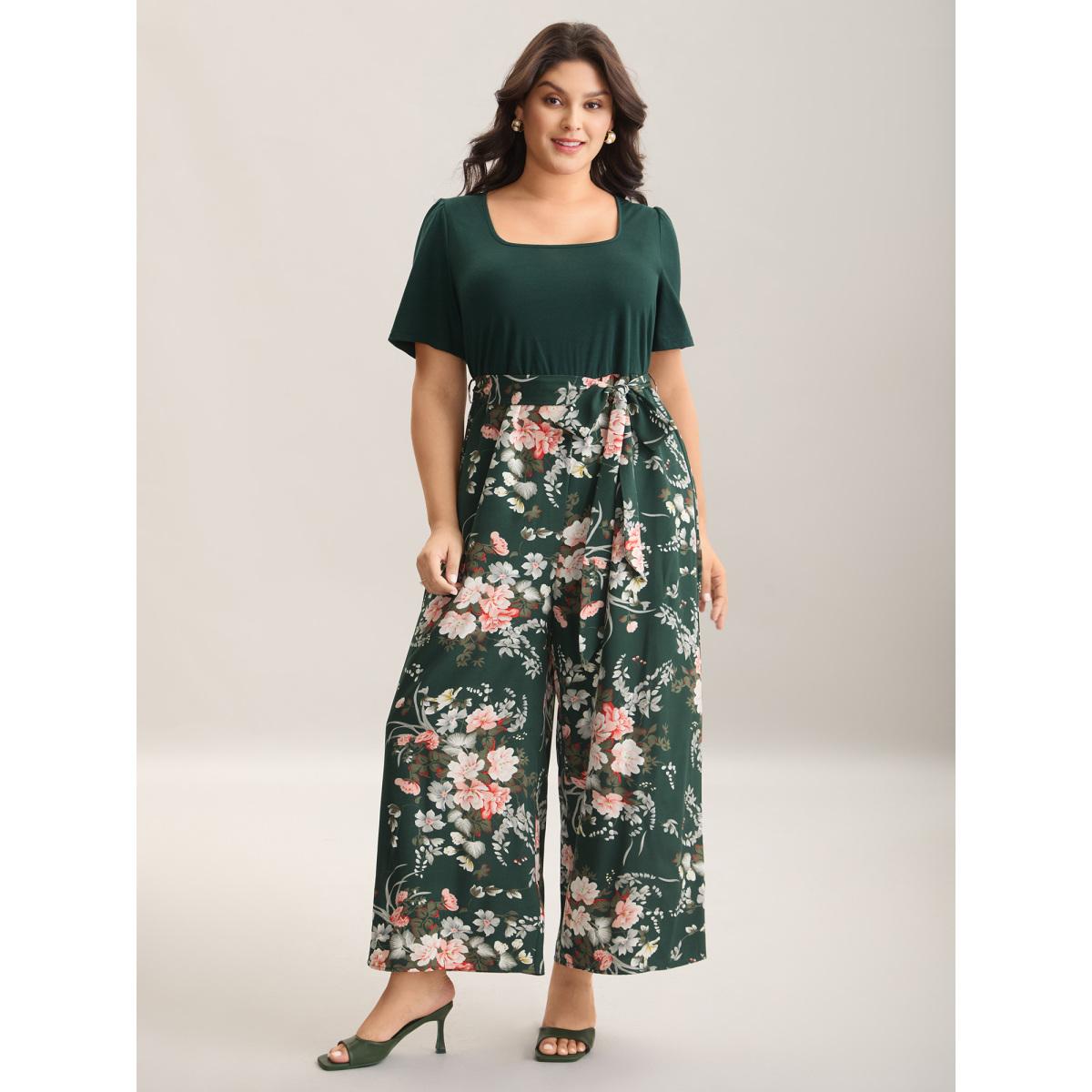 Plus Size DarkGreen Color Contrast Belted Panel Pockets Jumpsuit Women Timeless Short sleeve Square Neck Elegant Loose Jumpsuits BloomChic 28/5X Product Image