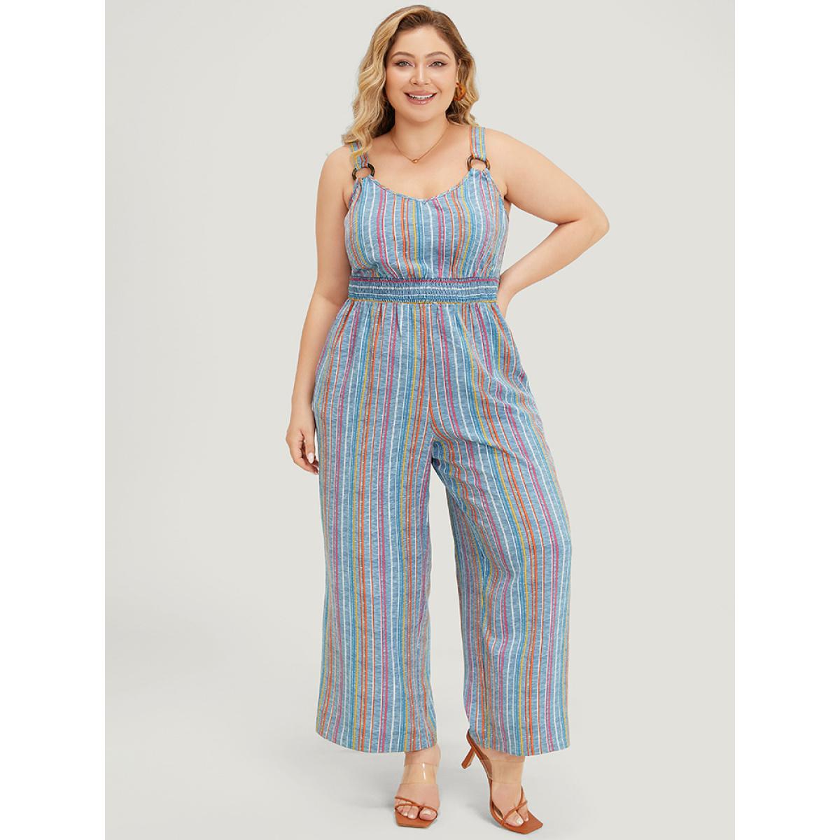 Plus Size Stone Striped Contrast Buckle Detail Pocket Shirred Jumpsuit Women Vacation Sleeveless Spaghetti Strap Dailywear Loose Jumpsuits BloomChic 30/6X Product Image