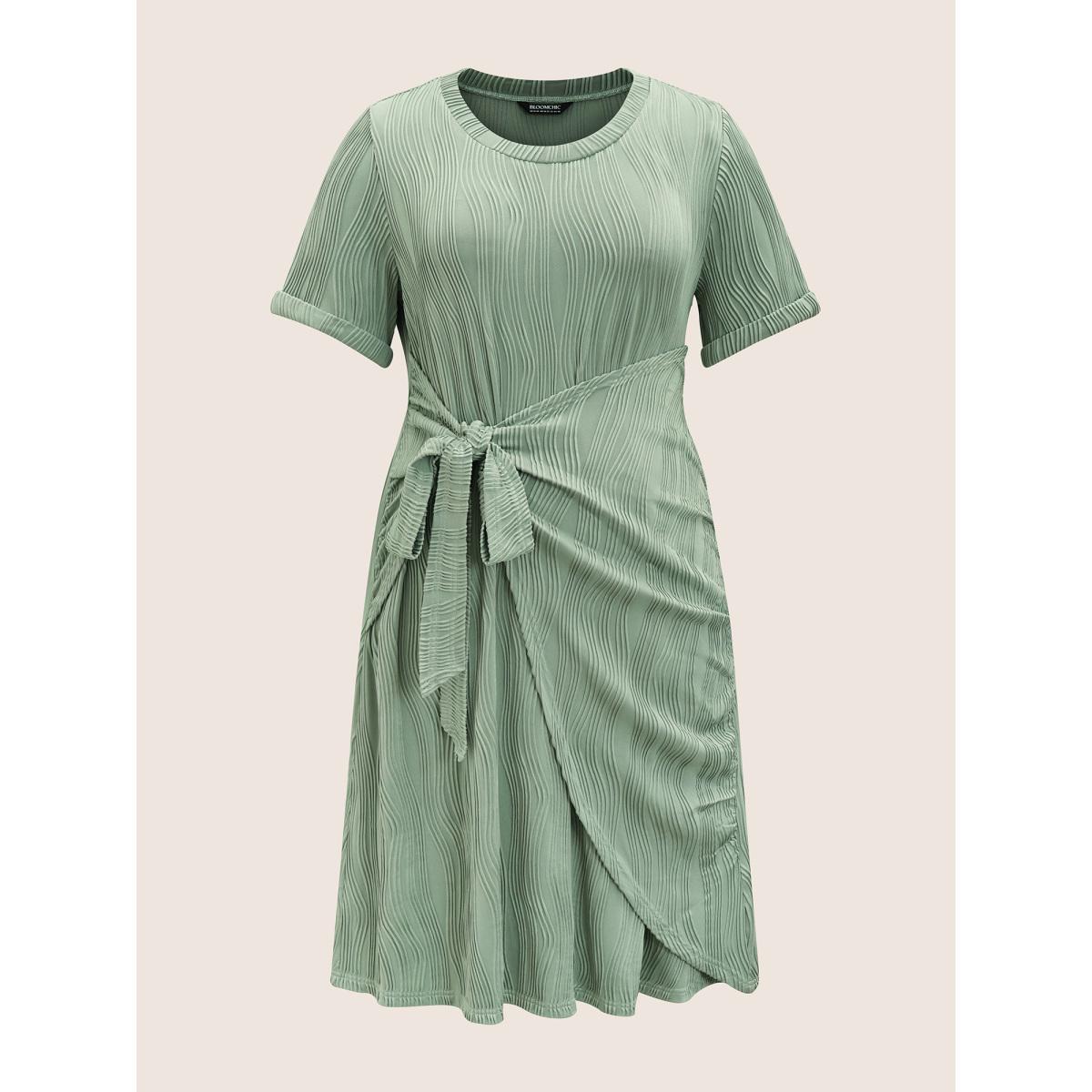 Plus Size Round Neck Pit Strip Tie Knot Dress Palemauve Women Casual Tie knot Round Neck Short sleeve Curvy BloomChic 12/L Product Image