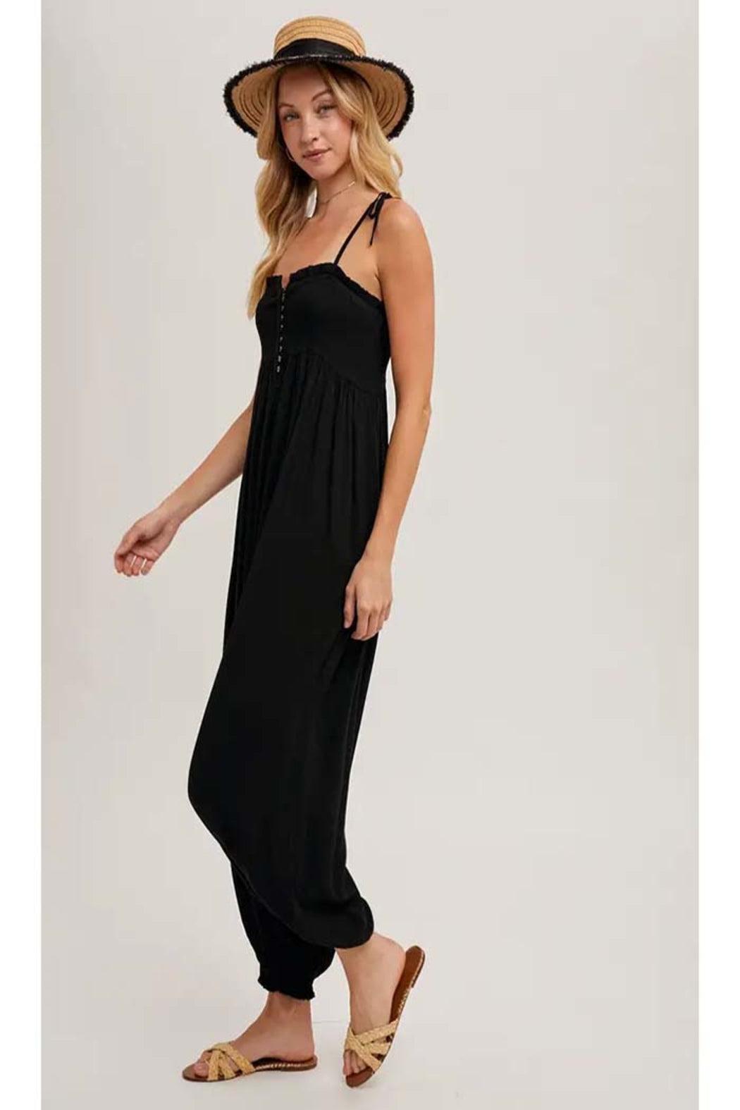 Gauze Smocked Button Front Shoulder Tie Jumpsuit Product Image