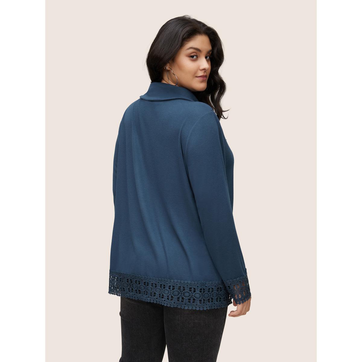 Plus Size Plain Lace Patchwork Lapel Collar Drawstring T-shirt Indigo Women Casual Plain Plain Lapel Collar Dailywear T-shirts BloomChic 10/M Product Image