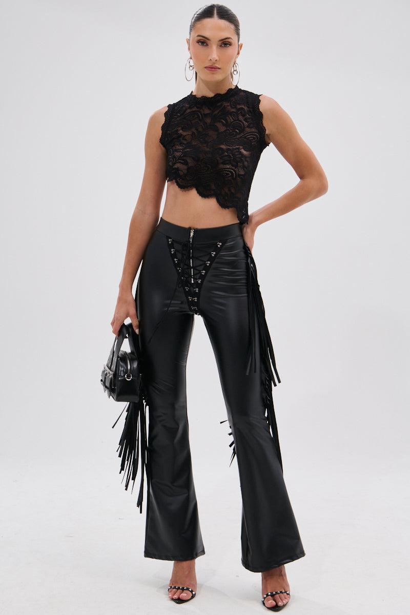 SHOW TIME FAUX LEATHER FLARE PANT WITH LACE UP Product Image