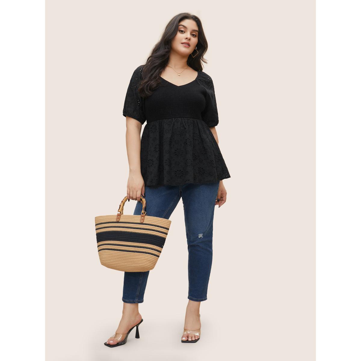 Plus Size Black Broderie Anglaise Patchwork Lantern Sleeve Shirred Blouse Women Resort Short sleeve Square Neck Vacation Blouses BloomChic 12/L Product Image