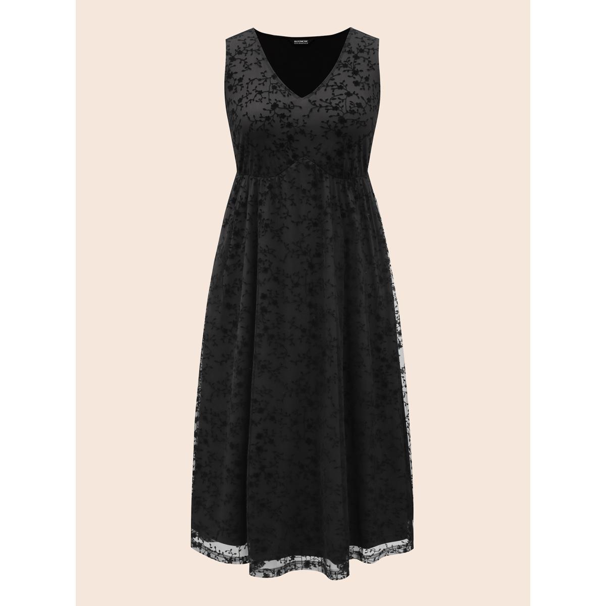 Plus Size Floral Flocking Mesh Sleeveless Dress Black Women Elegant Texture V-neck Sleeveless Curvy BloomChic 22-24/3X Product Image