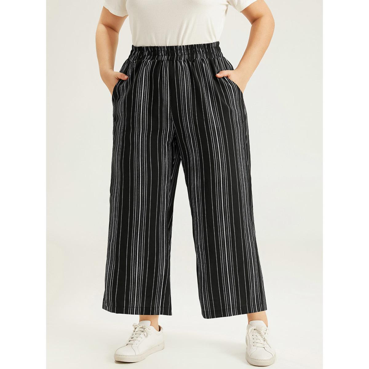 Plus Size Striped Elastic Waist Straight Leg Pants Women Black Casual Straight Leg High Rise Dailywear Pants BloomChic 22-24/3X Product Image