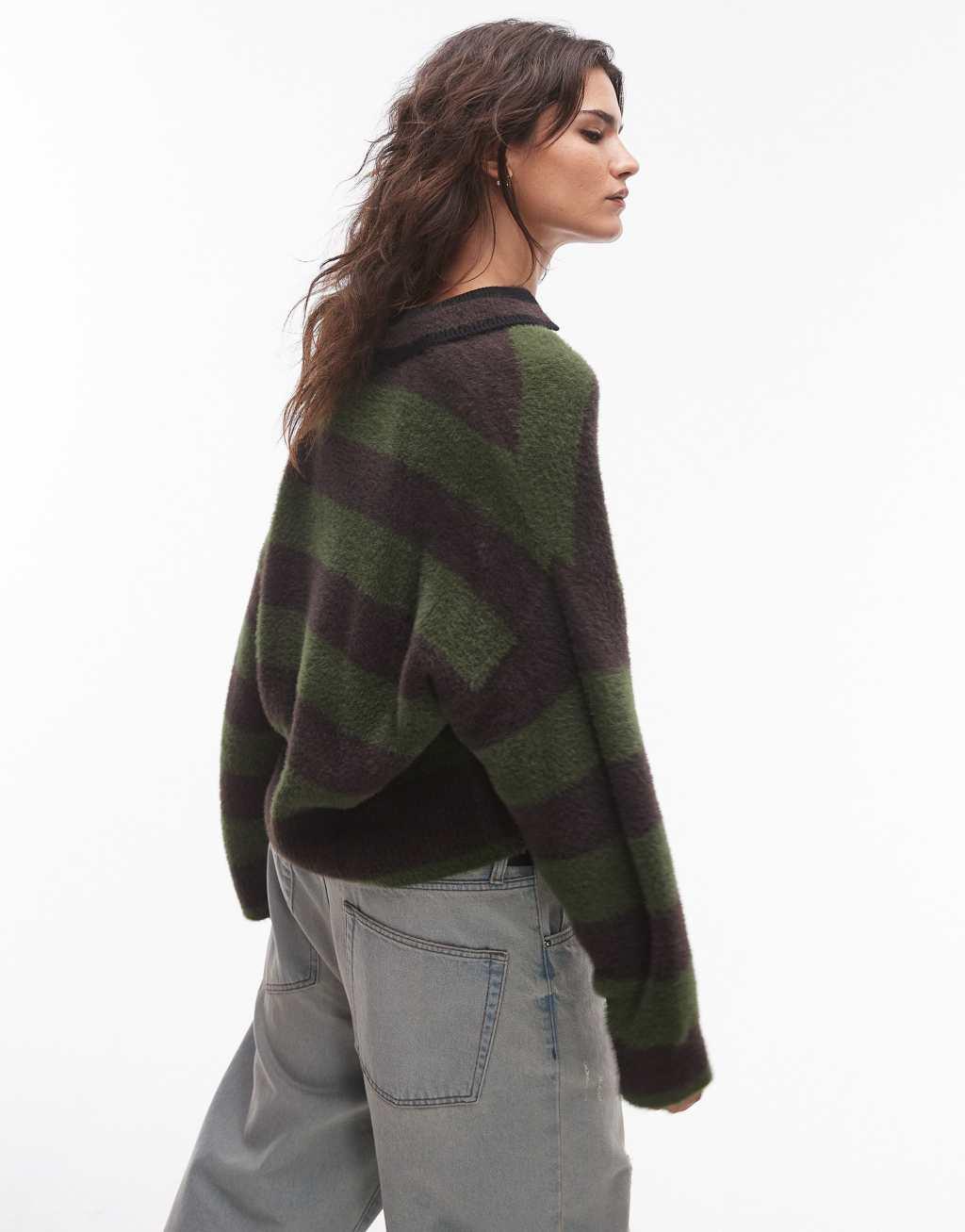topshop knitted fluffy stripe relaxed polo in gray and green Product Image