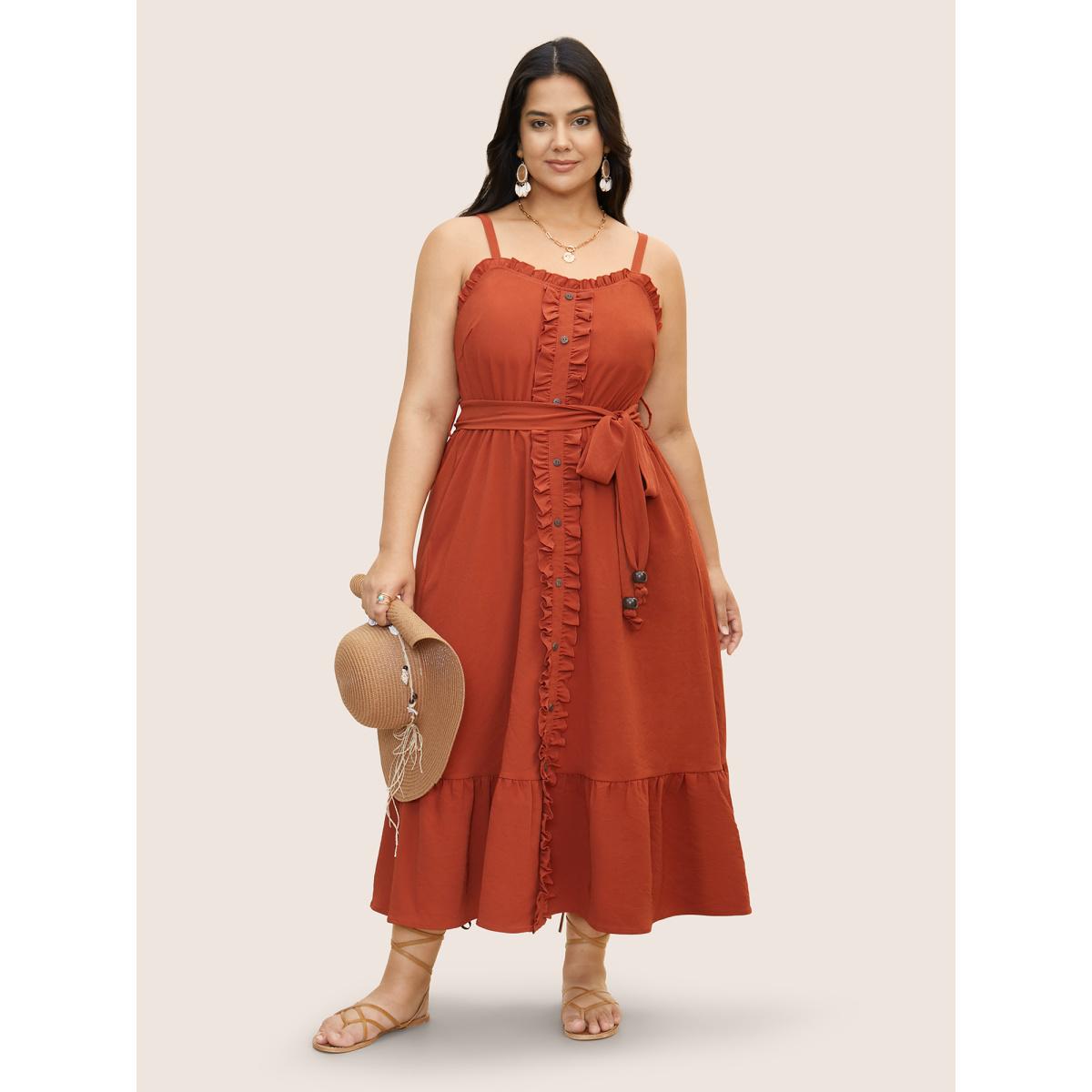 Plus Size Plain Textured Frill Trim Button Detail Dress Russet Women Resort Frill Trim Heart neckline Sleeveless Curvy BloomChic 22-24/3X Product Image