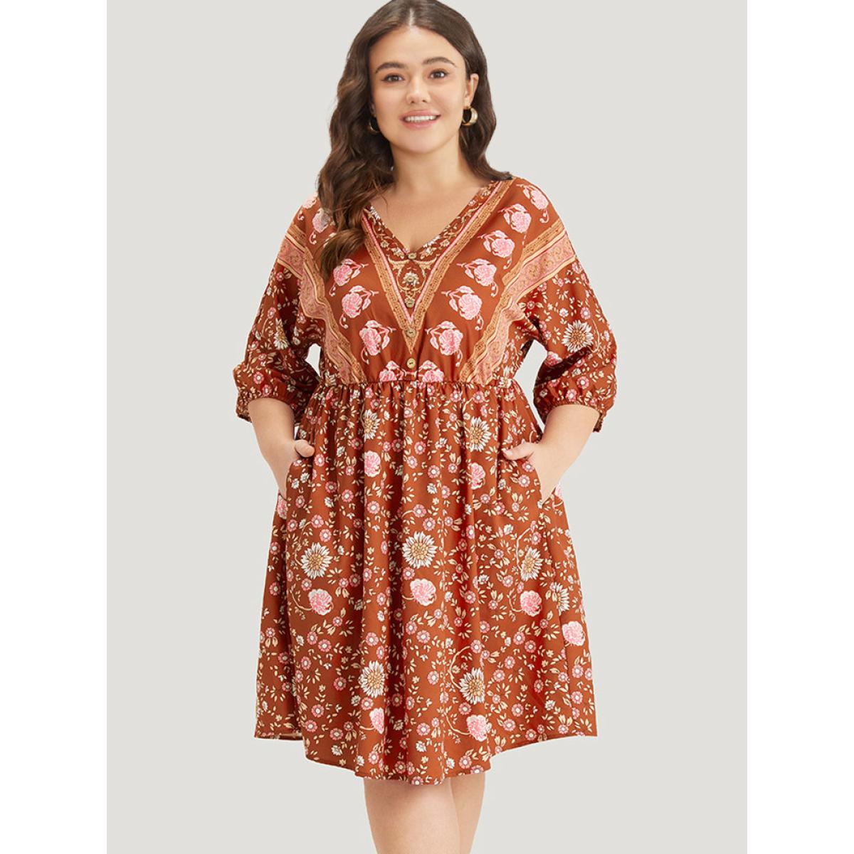Plus Size Floral Print Elastic Cuffs Button Detail Dress Rust Women Vacation Elastic cuffs V-neck Half Sleeve Curvy Midi Dress BloomChic 30/6X Product Image