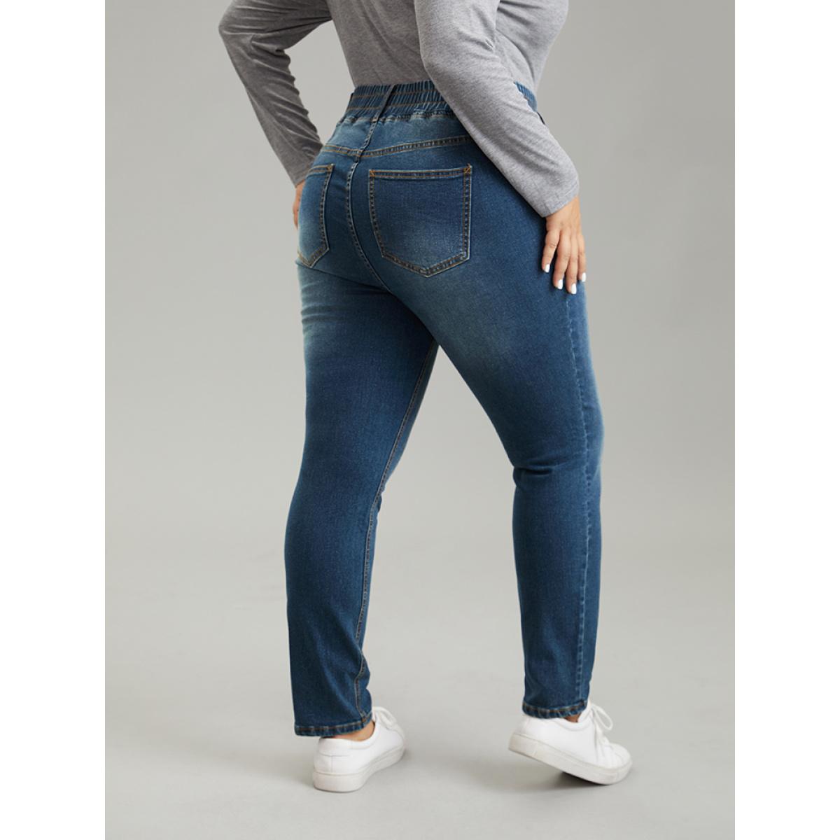 Plus Size Elastic Waist Button Detail Skinny Medium Wash Jeans Women Indigo Casual Plain Plain High stretch Pocket Jeans BloomChic 28/5X Product Image