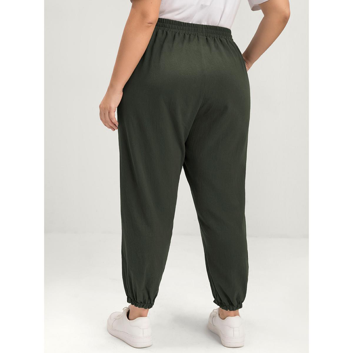 Plus Size Solid Elastic Waist Pocket Pants Women ArmyGreen Casual High Rise Dailywear Pants BloomChic 18-20/2X Product Image