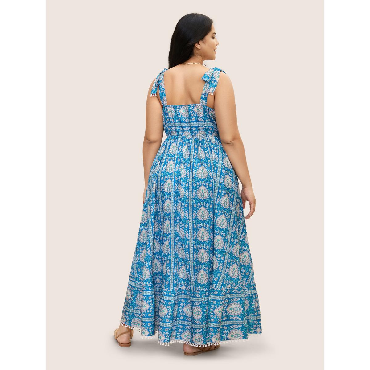 Plus Size Boho Print Tie Knot Pompom Trim Dress Cerulean Women Resort Woven ribbon&lace trim One-shoulder neck Sleeveless Curvy BloomChic 14-16/1X Product Image