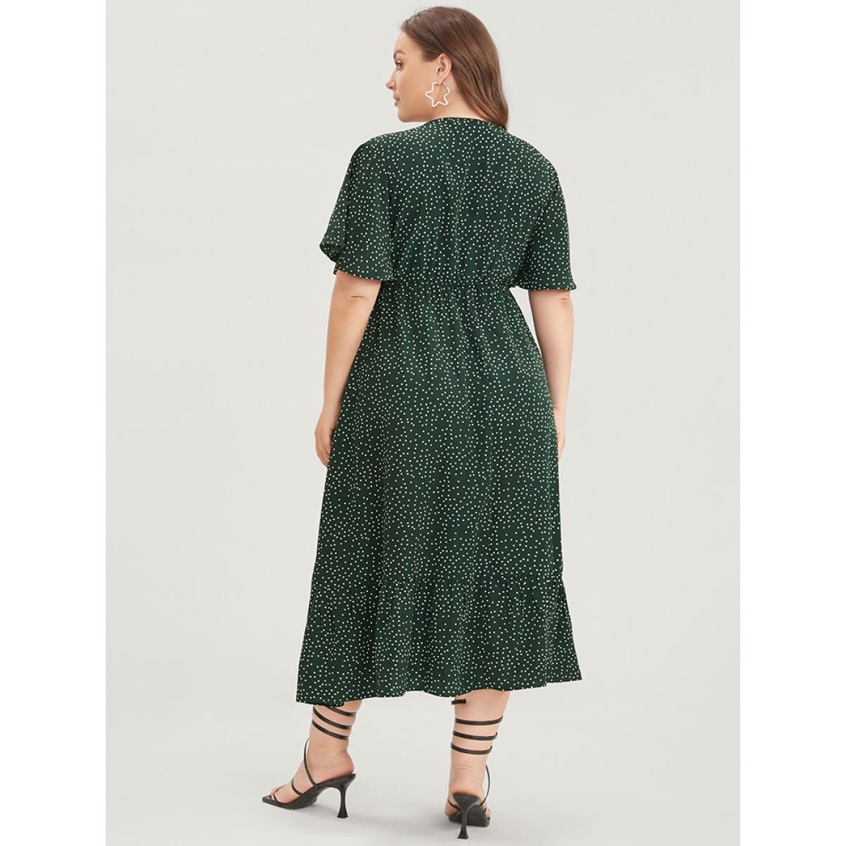 Plus Size Polka Dot Twist Front Pocket Flutter Hem Dress DarkGreen Women Elegant Pocket V-neck Short sleeve Curvy Midi Dress BloomChic 26/4X Product Image