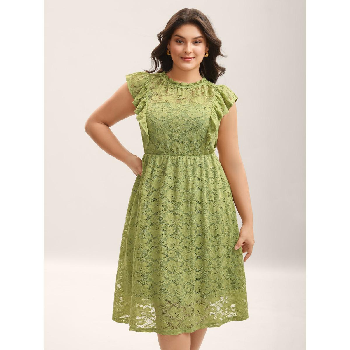 Plus Size Lace Stretchy Waist Ruffled Midi Dress Moss Women Mock Neck Cap Sleeve Curvy BloomChic 14-16/1X Product Image