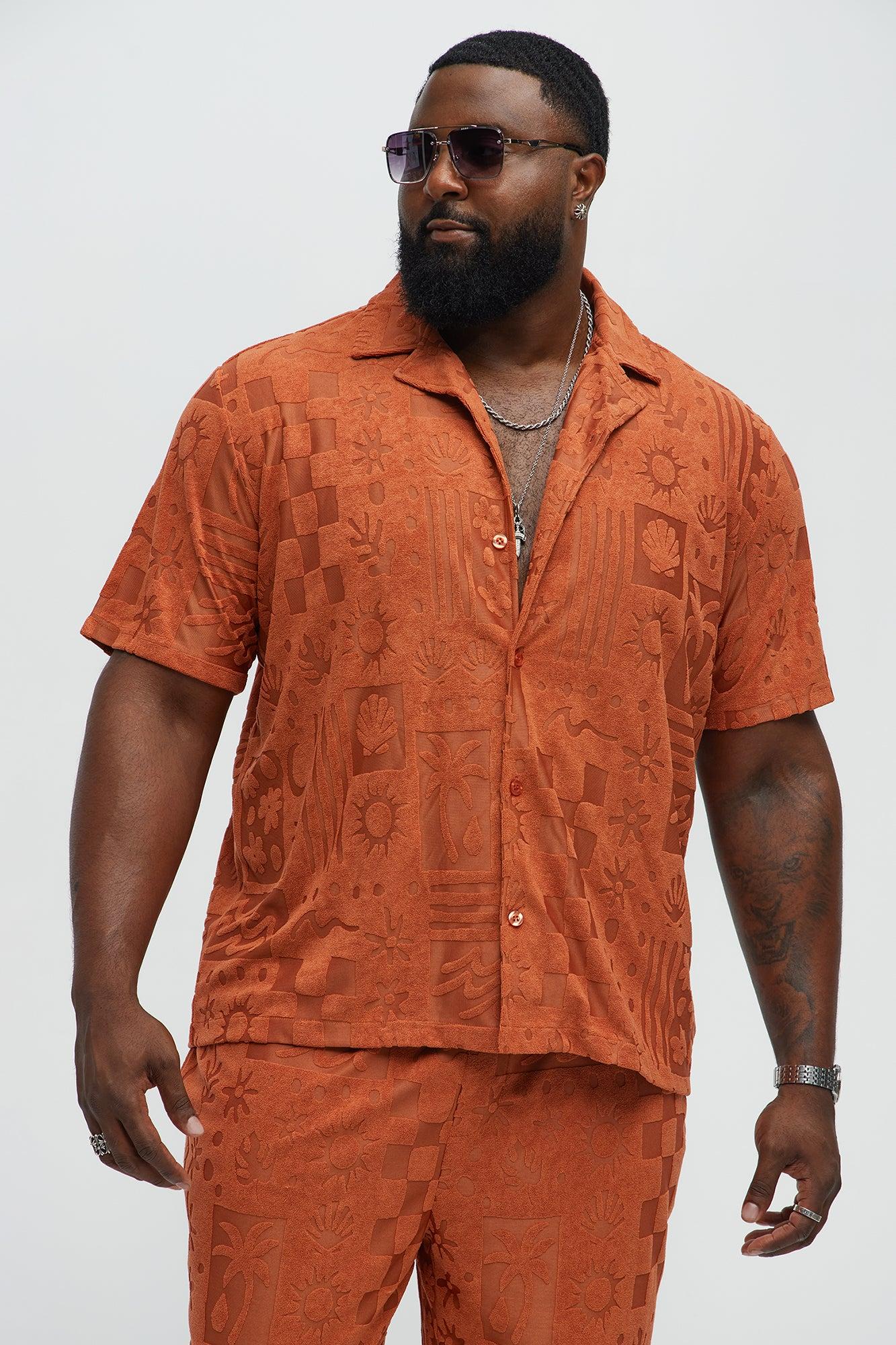 Tropical Trees Jacquard Short Sleeve Button Up Shirt - Rust Product Image