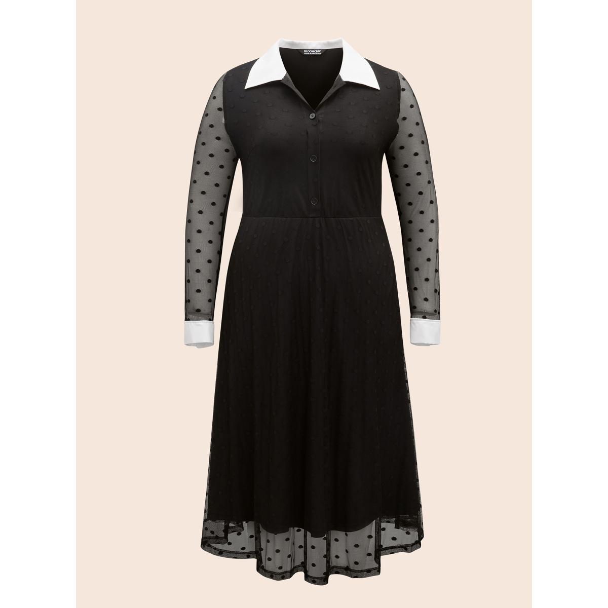 Plus Size Vampire Polka Dot Waist-Cinching Midi Dress Black Women Cocktail Texture Shirt collar Long Sleeve Curvy BloomChic 18-20/2X Product Image