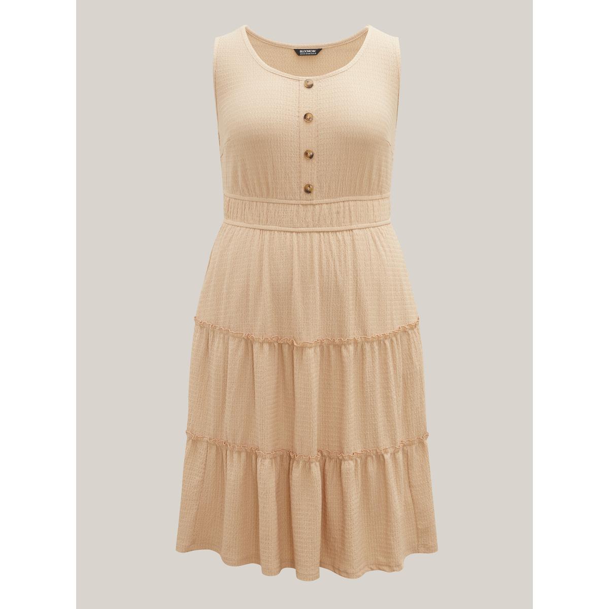 Plus Size Textured Stretchy Waist Button Midi Dress Wheat Women Non Sleeveless Curvy BloomChic 22-24/3X Product Image