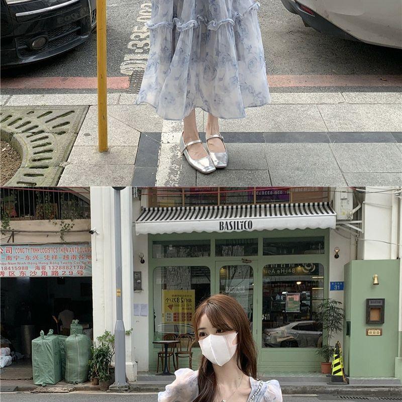 Short-Sleeve Square Neck Floral Print Tiered Shirred Maxi A-Line Dress Product Image